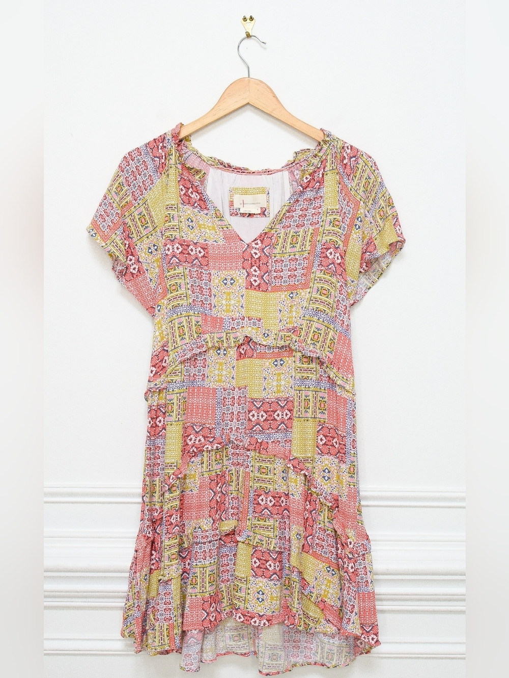 Anthropologie Robin Floral Patchwork Tiered Mini Dress Size S Boho Eclectic - Picture 4 of 10